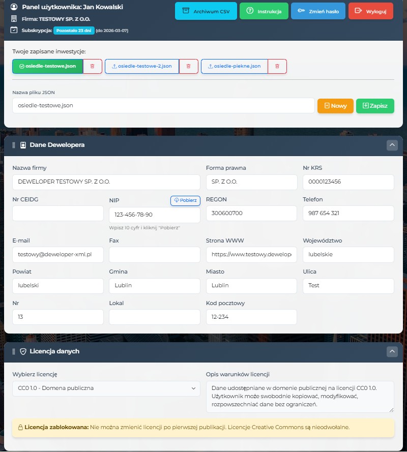 Generator XML - panel użytkownika i dane dewelopera